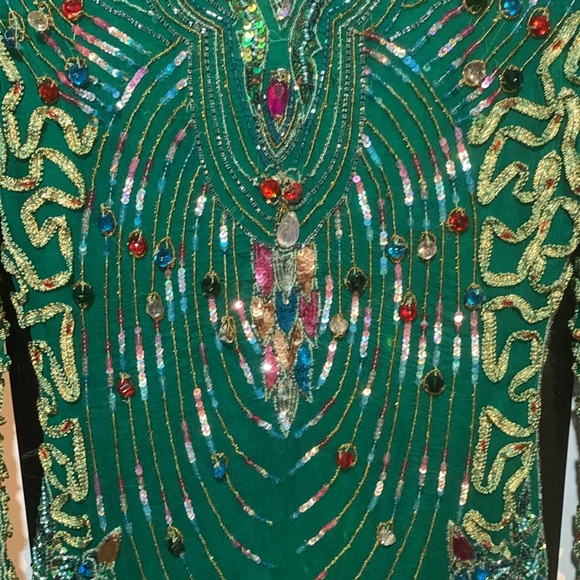 1980s Vintage Fully Embellished Sequin/Silk Emerald Green Long Sleeve Top Small - Picture 17 of 17